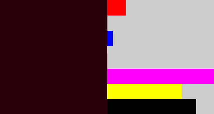 Hex color #2b000d - dark maroon