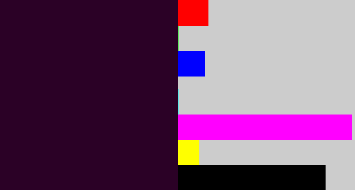 Hex color #2b0126 - very dark purple