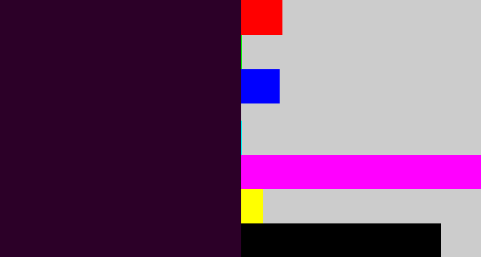 Hex color #2c0028 - very dark purple