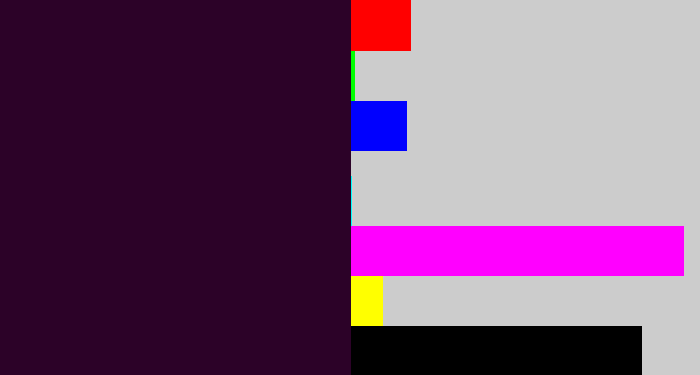 Hex color #2c0228 - very dark purple