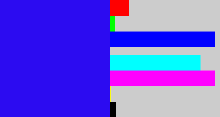 Hex color #2c0bf1 - ultramarine blue