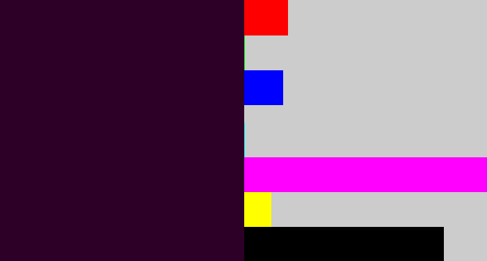 Hex color #2d0028 - very dark purple