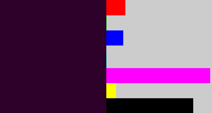 Hex color #2d0129 - very dark purple