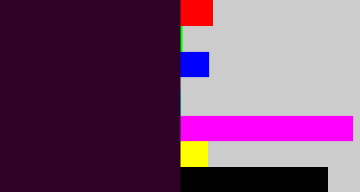 Hex color #2f0228 - very dark purple