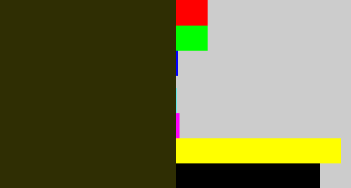 Hex color #2f2e03 - dark olive
