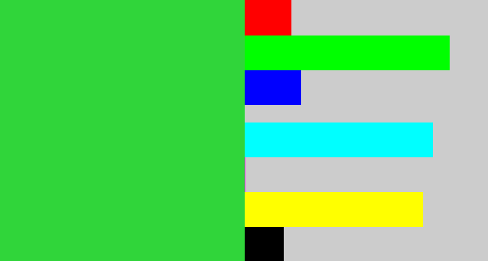 Hex color #30d53a - medium green