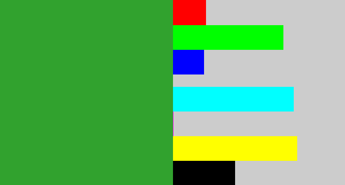 Hex color #31a22e - medium green