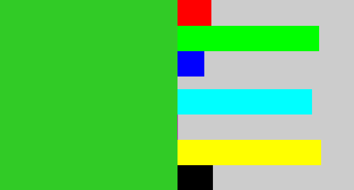 Hex color #31cb26 - green