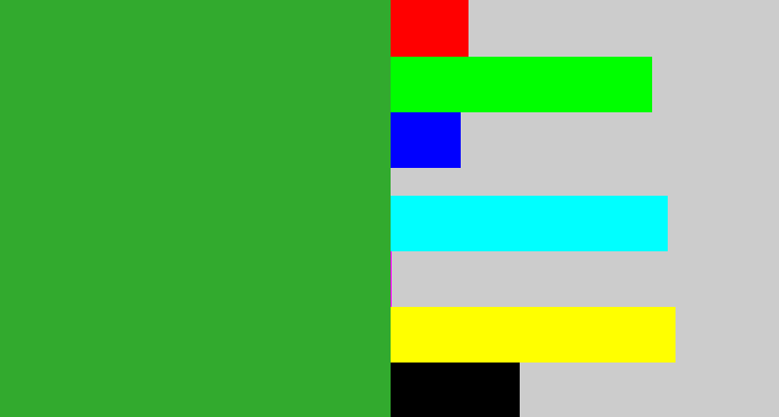 Hex color #32aa2e - medium green