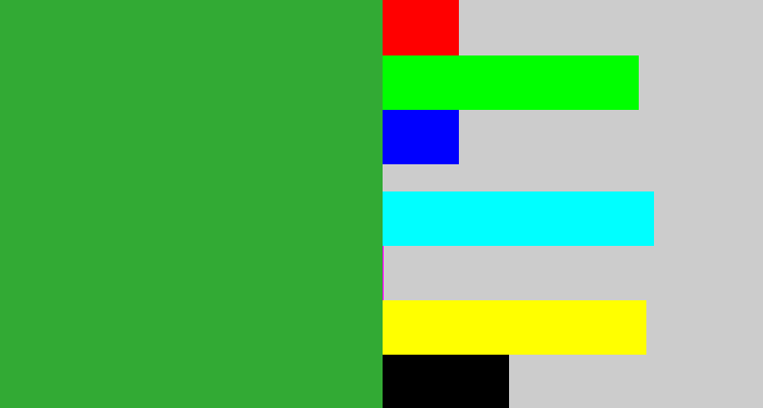 Hex color #32aa34 - medium green