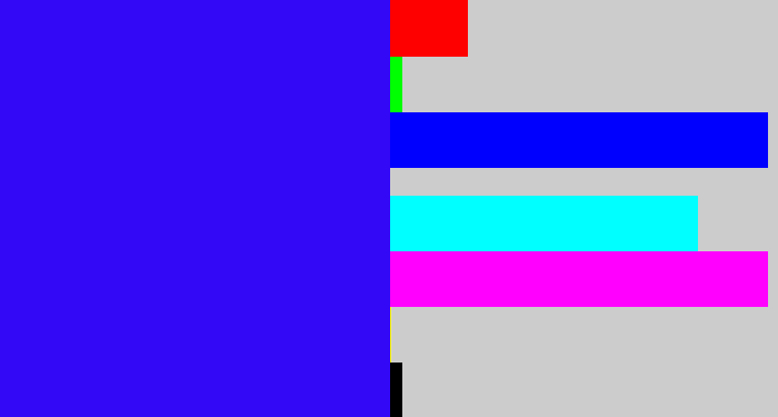Hex color #3308f7 - ultramarine blue
