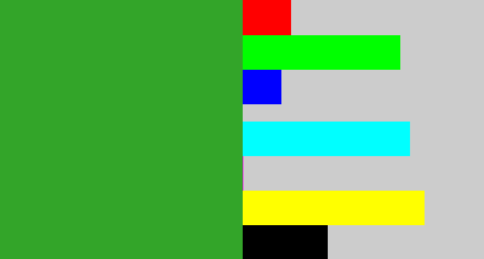 Hex color #33a529 - medium green