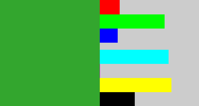 Hex color #33a62e - medium green