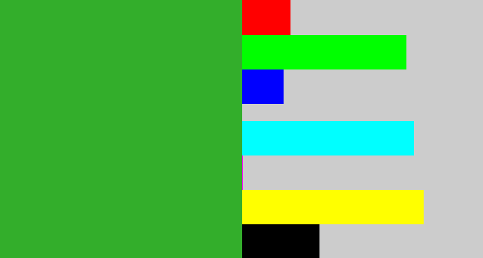 Hex color #33ae2b - medium green