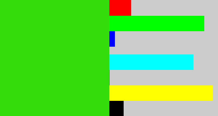 Hex color #33dd0c - vivid green