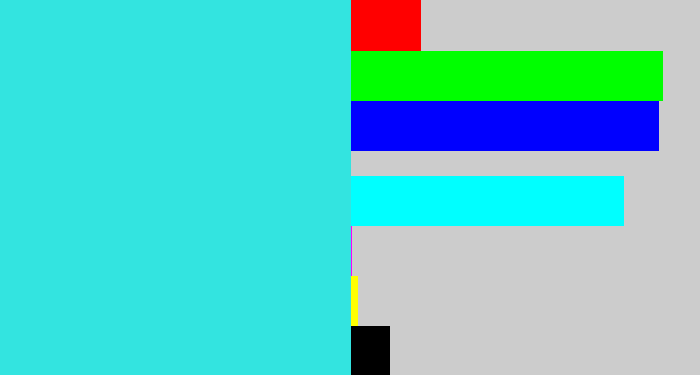 Hex color #33e4e0 - bright light blue