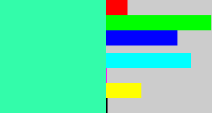 Hex color #33fcaa - greenish cyan