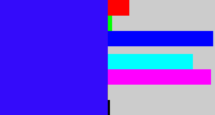 Hex color #340bfa - light royal blue