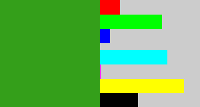 Hex color #349f1a - grass green