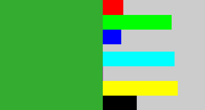 Hex color #34ac2f - medium green