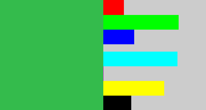 Hex color #34bb4c - medium green