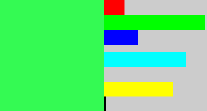 Hex color #34fa53 - bright light green