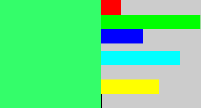 Hex color #34fd6a - bright light green