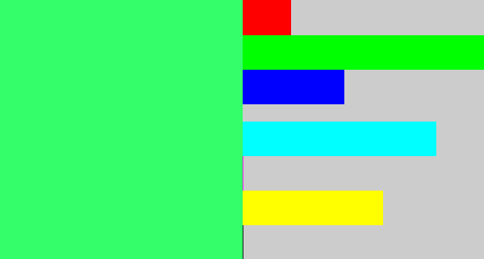 Hex color #34fe6a - bright light green