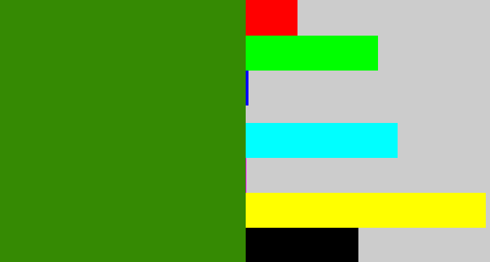 Hex color #358a03 - dark grass green