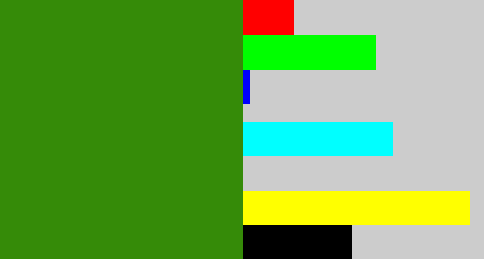 Hex color #358b08 - dark grass green