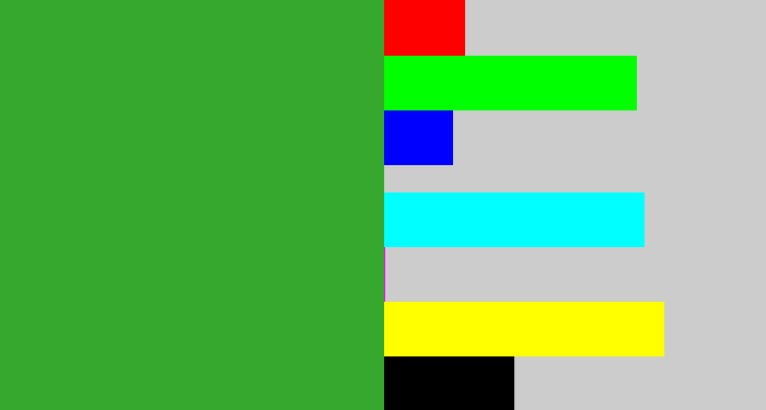 Hex color #35a82d - medium green