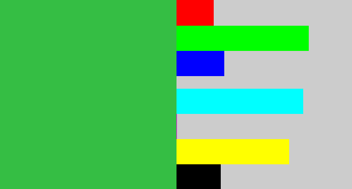 Hex color #35be44 - medium green