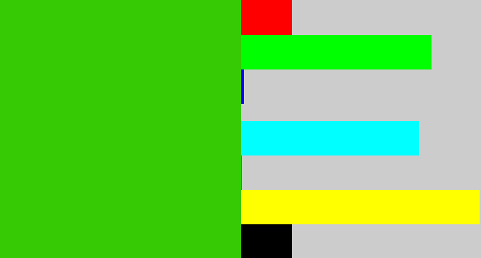 Hex color #35ca03 - frog green