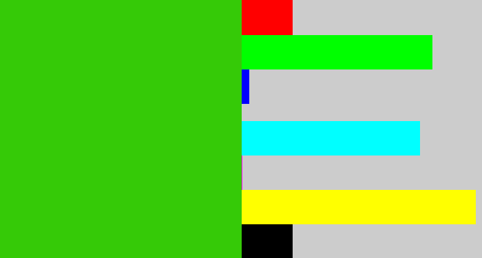 Hex color #35ca07 - frog green