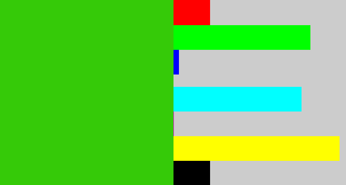 Hex color #35ca08 - frog green