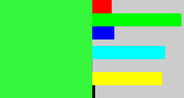 Hex color #35f73c - hot green