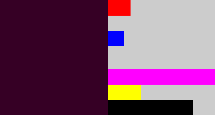 Hex color #360025 - dark plum