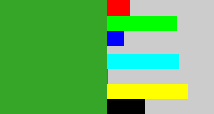 Hex color #36a629 - medium green