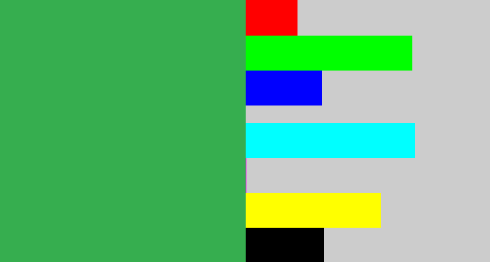 Hex color #36ae4f - medium green