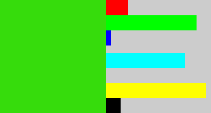 Hex color #36dc0c - vivid green