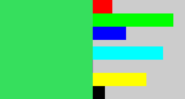 Hex color #36df5d - bright light green