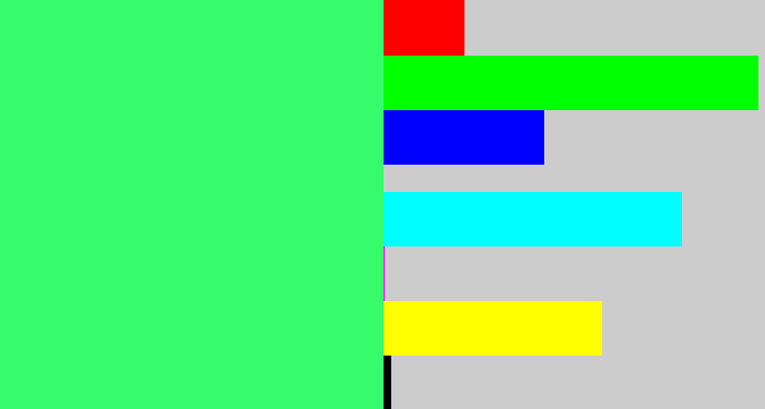 Hex color #36fb6b - bright light green