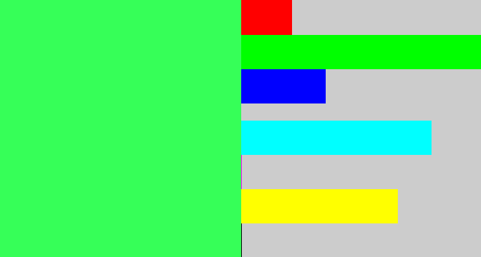 Hex color #36ff58 - bright light green