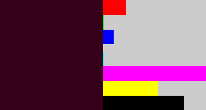 Hex color #37001a - dark maroon