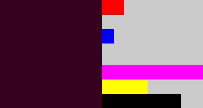 Hex color #37001e - dark plum