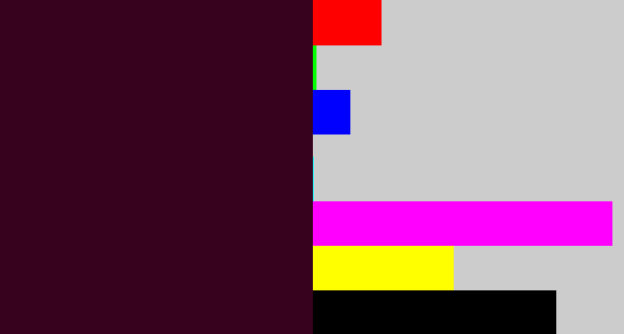 Hex color #37021e - dark plum