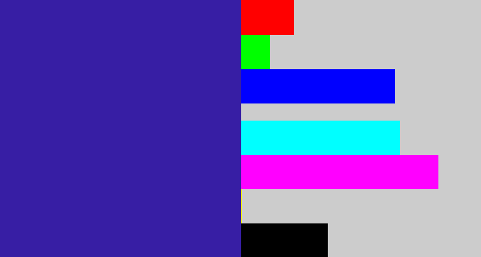 Hex color #371ea4 - indigo blue