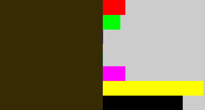Hex color #372b01 - dark brown