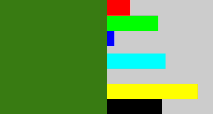 Hex color #377b12 - dark grass green