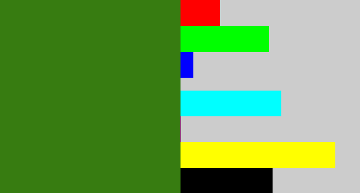 Hex color #377c11 - dark grass green